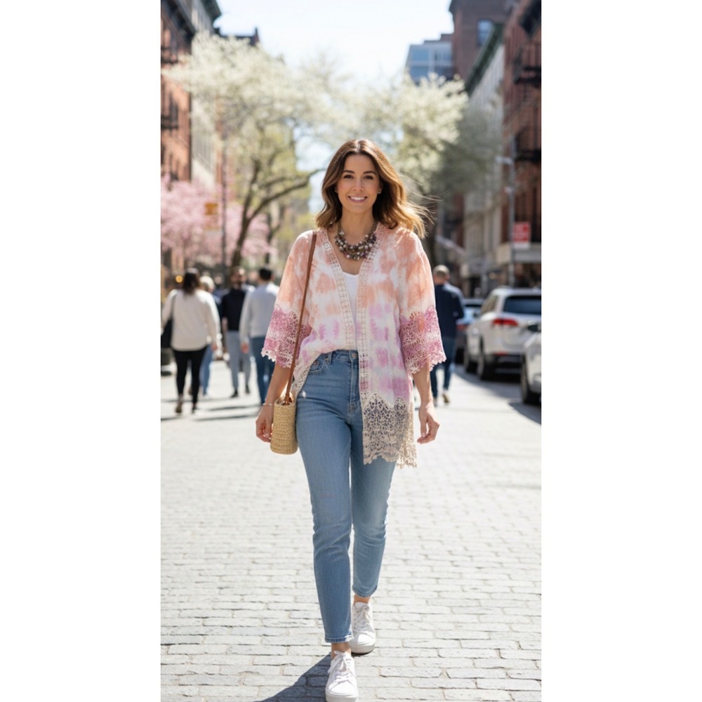 Democracy Tie Dye Embroidered Crochet Multicolor Kimono Duster Cardigan Top‎ M